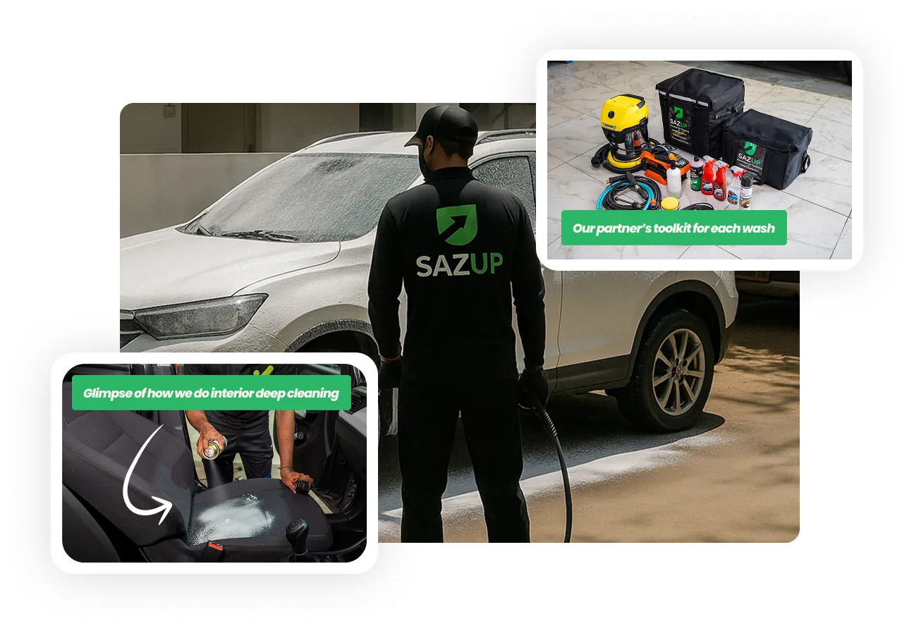 A SazUp partner washing a foam-covered car at the customer's doorstep, with insets of the partner toolkit and interior deep cleaning